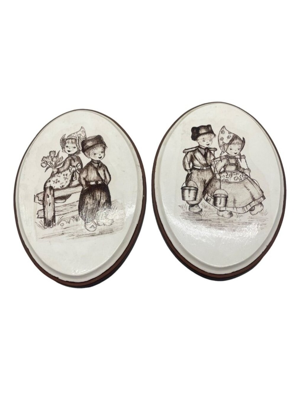 vintage hand painted set of 2 T.G. Holland kids wall art work oval brown READ